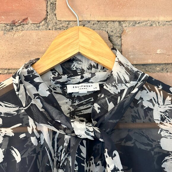 EQUIPMENT FEMME Silk Tie-Neck Blouse – Black & White Floral, Size Large - Picture 3 of 3